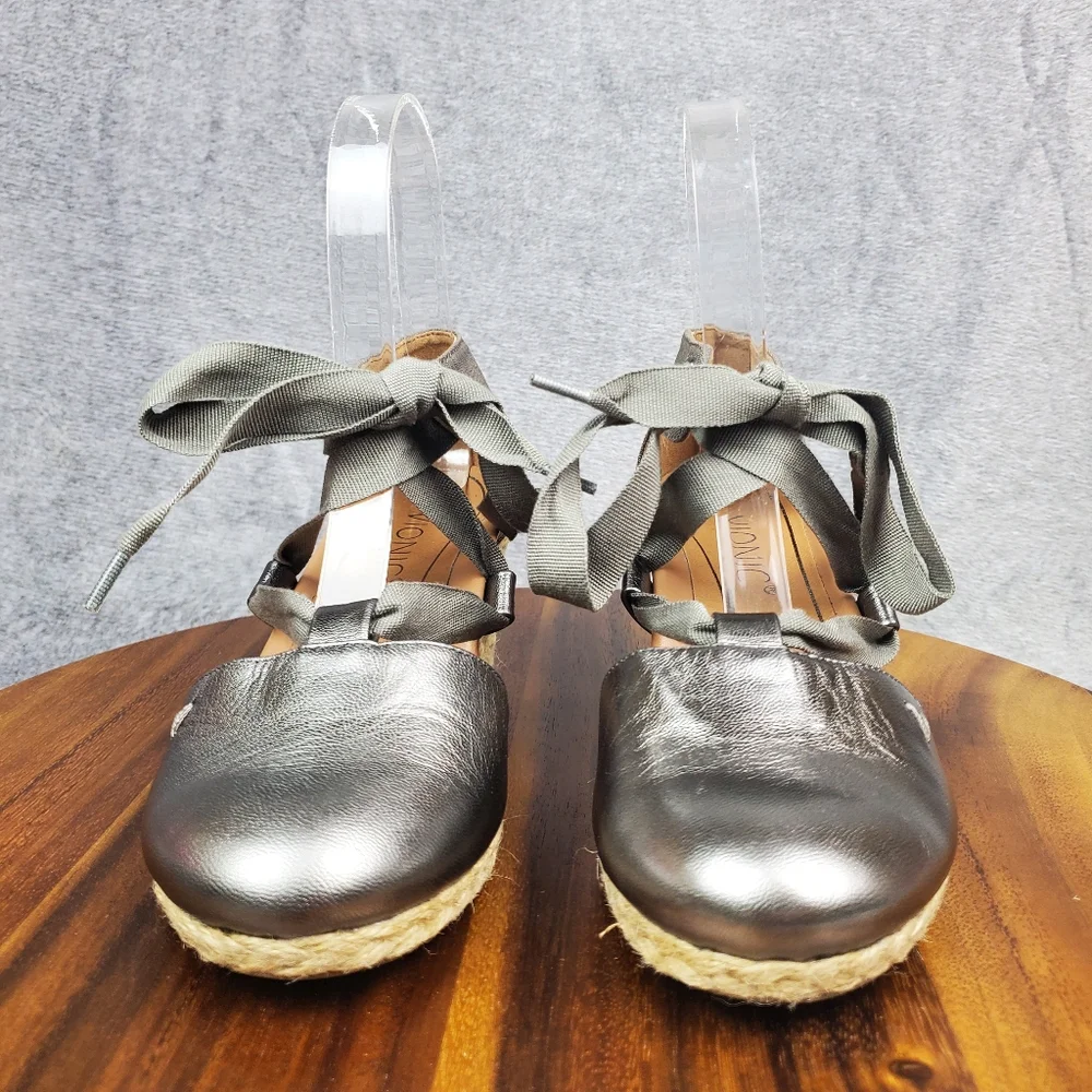 Vionic Kaitlyn Sandals Women's 5 Pewter Metallic Leather Espadrille Wedge Ribbon